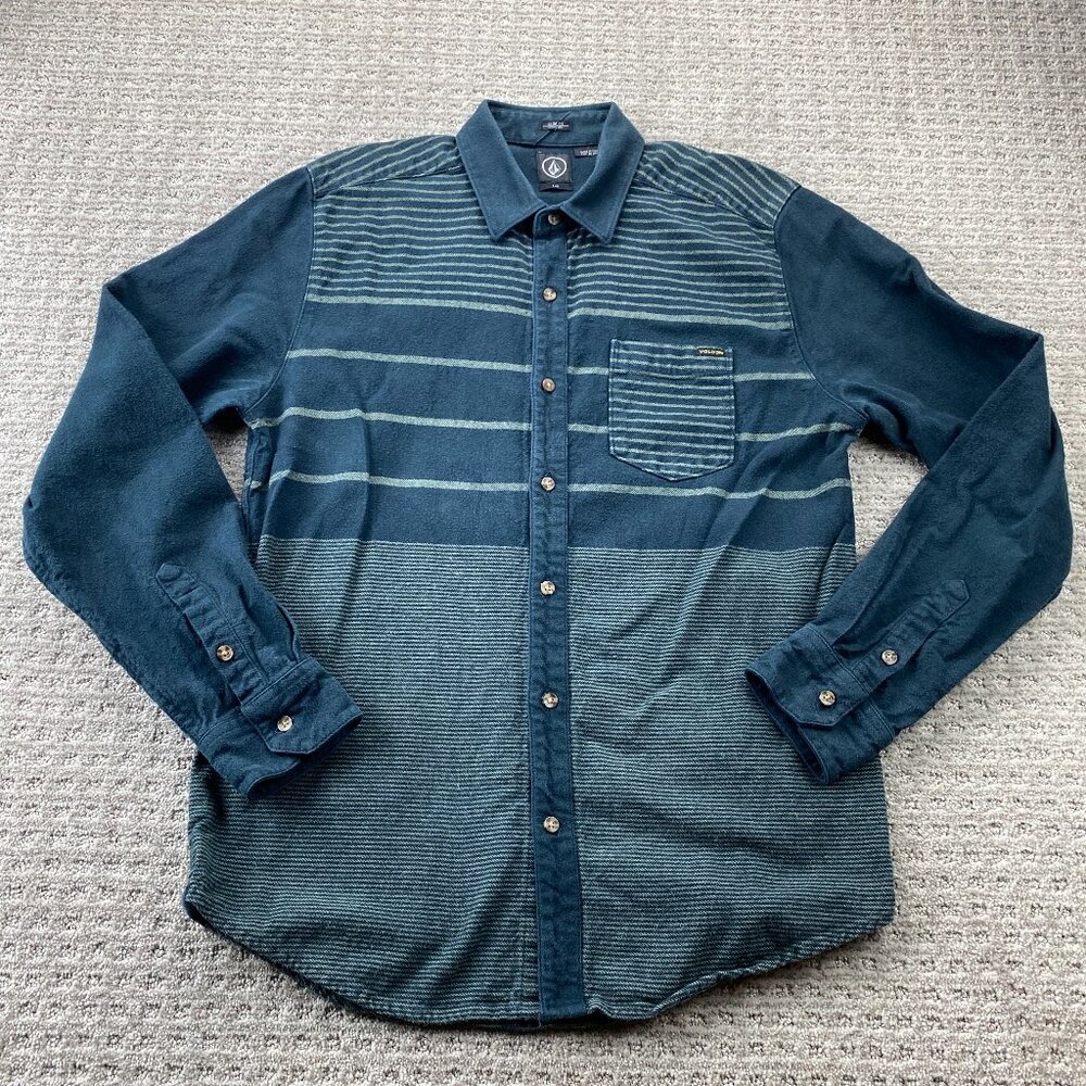 VOLCOM Shirt Men Large L Navy Blue Striped Heavy Cotton Slim Fit Button Up Polo